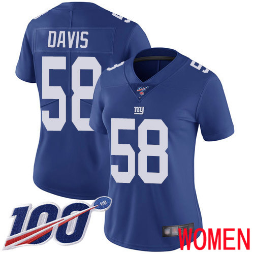 Women New York Giants #58 Tae Davis Royal Blue Team Color Vapor Untouchable Limited Player 100th Season Football NFL Jersey
